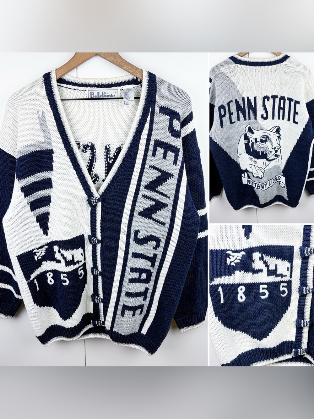 Vintage Penn State Nittany Lions Football Novelty Intarsia Knit Cardigan Sweater